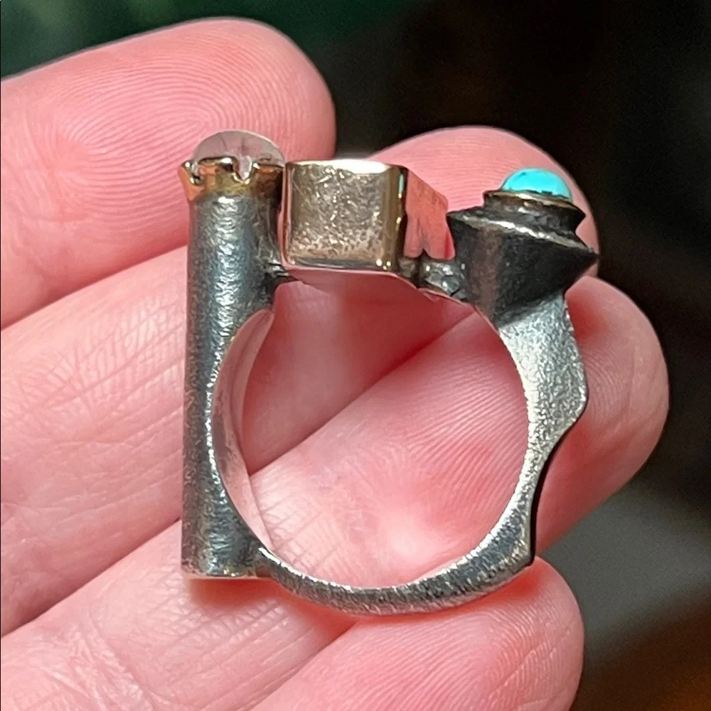 WOW! Artisan Turquoise Moonstone Sterling Silver Modernist Abstract Square Ring